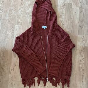 Purple Snow Hooded Fringe Zip Cardigan - Rust